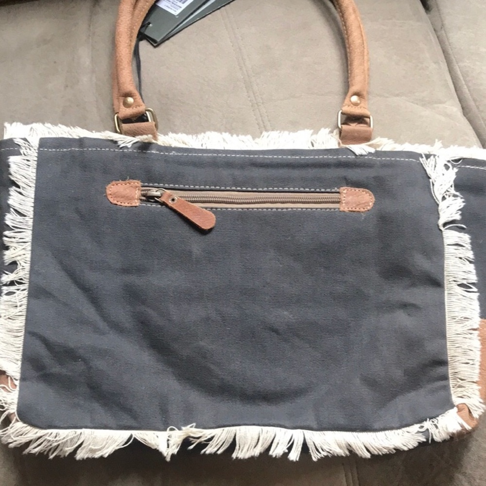 Fringed geometric print canvas and leather bag - Picture 2 of 5